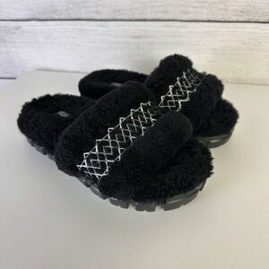 UGG Cozetta Braid Fur‎ Trim Slide Slippers Black Open Toe Women's Size 6